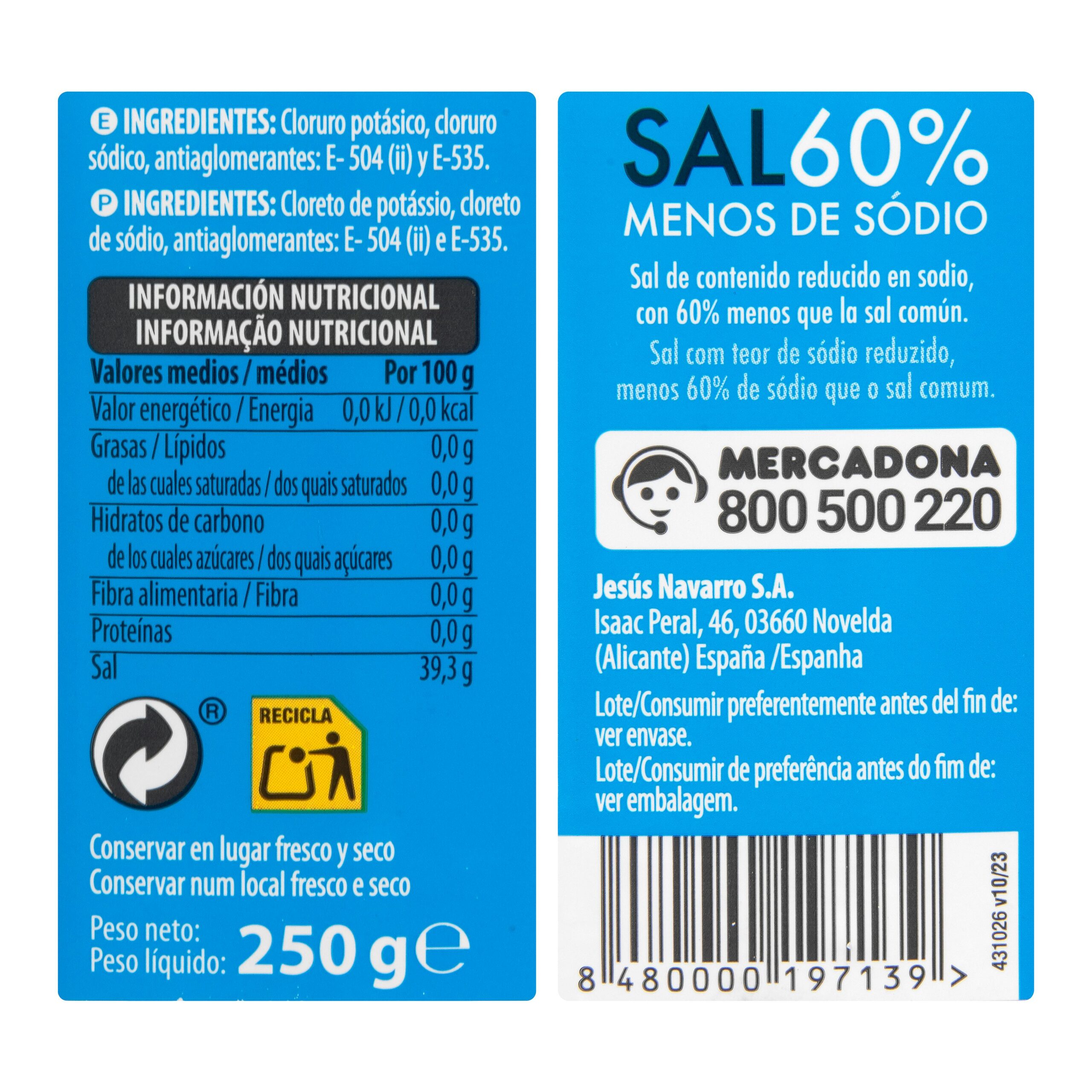 Etiqueta Sal 60% menos de sodio Hacendado